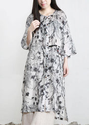 Unique Grey Print Patchwork Asymmetrical Design Ramie Top Fall - SooLinen
