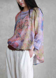 Unique O-Neck Print Asymmetrical Low High Design Tie Waist Linen Top Long Sleeve