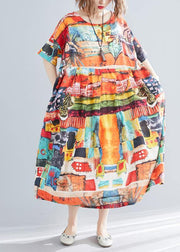 Unique Print O-Neck Cotton Loose Summer Mid Dress - SooLinen
