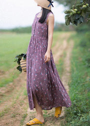 Unique Purple Print Dresses O-Neck Button Summer Sleeveless Dress - SooLinen
