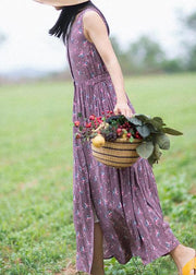 Unique Purple Print Dresses O-Neck Button Summer Sleeveless Dress - SooLinen