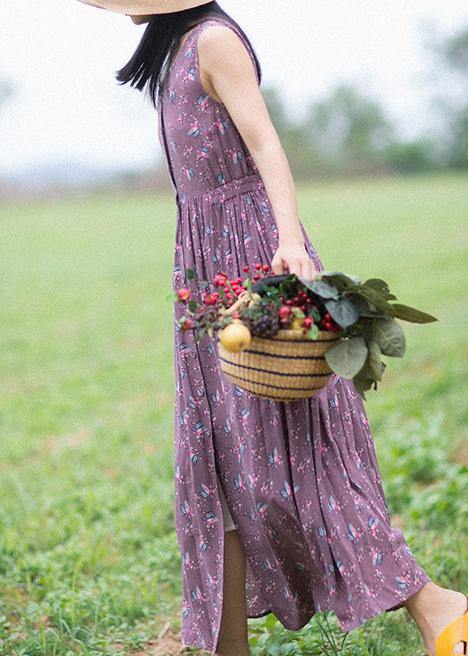 Unique Purple Print Dresses O-Neck Button Summer Sleeveless Dress - SooLinen