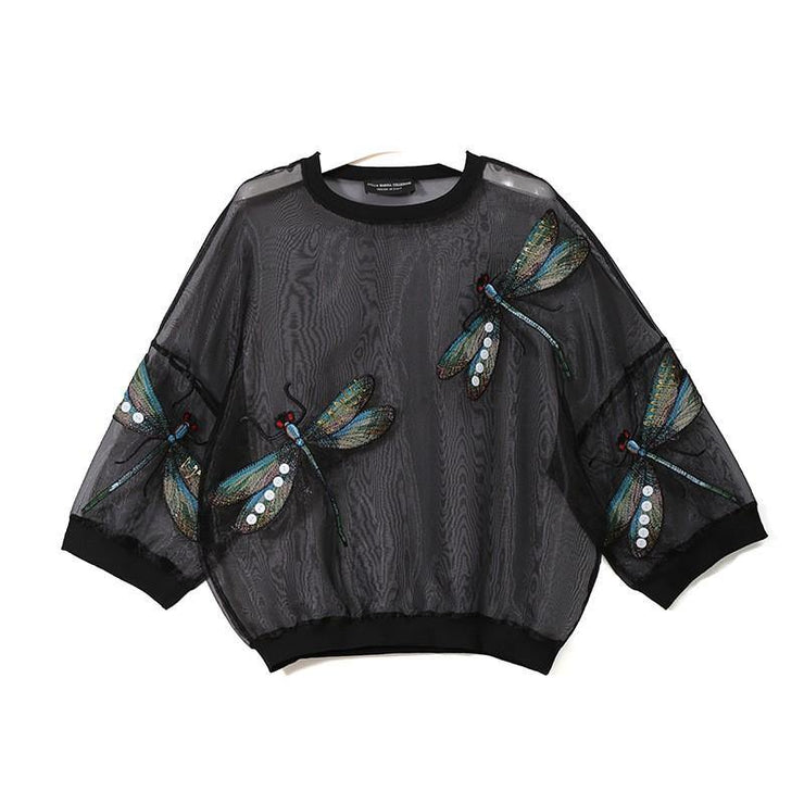 Unique Style Woman Summer Black White Sheer Mesh Tee Top - SooLinen