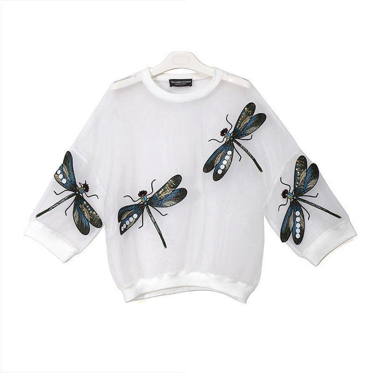 Unique Style Woman Summer Black White Sheer Mesh Tee Top - SooLinen