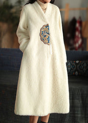 Unique White V Neck Embroideried Patchwork Winter Thick Coats Wool Overcoat