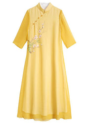 Unique Yellow Mandarin Collar Print Summer Dresses - SooLinen