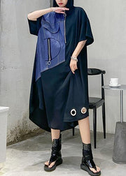 Unique black cotton tunics for women lapel patchwork Maxi Dress - SooLinen