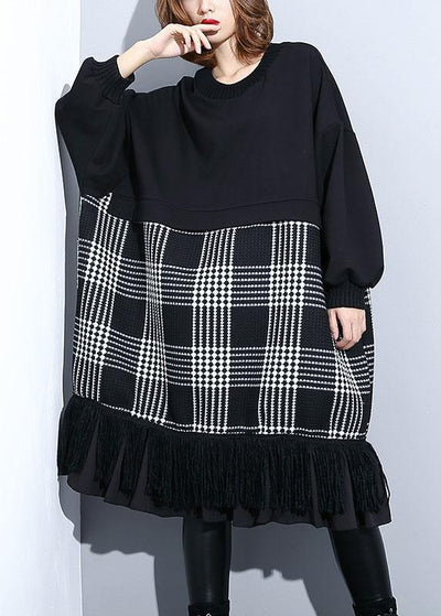 Unique black patchwork Cotton Long Shirts tassel A Line fall Dresses - SooLinen