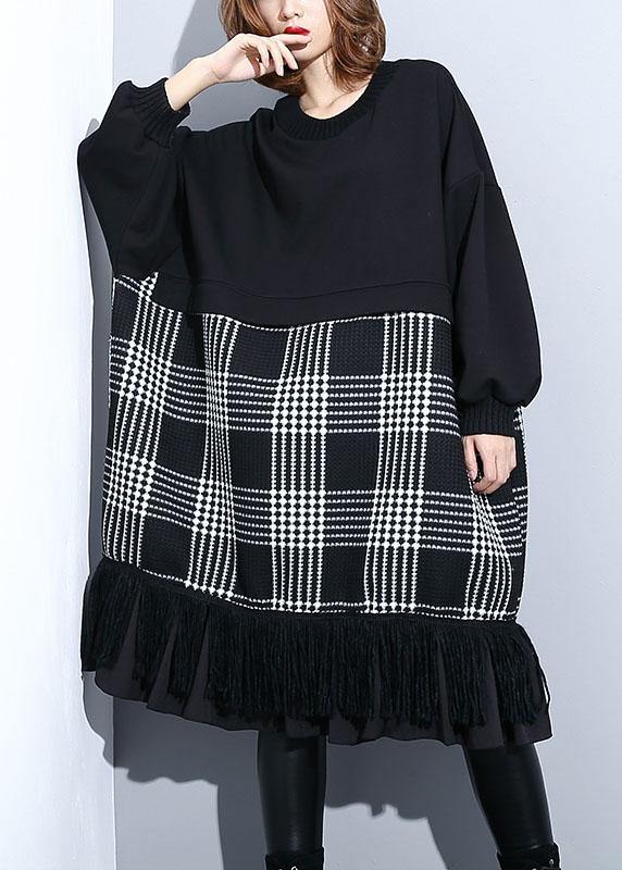 Unique black patchwork Cotton Long Shirts tassel A Line fall Dresses - SooLinen