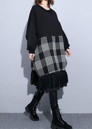 Unique black patchwork Cotton Long Shirts tassel A Line fall Dresses - SooLinen