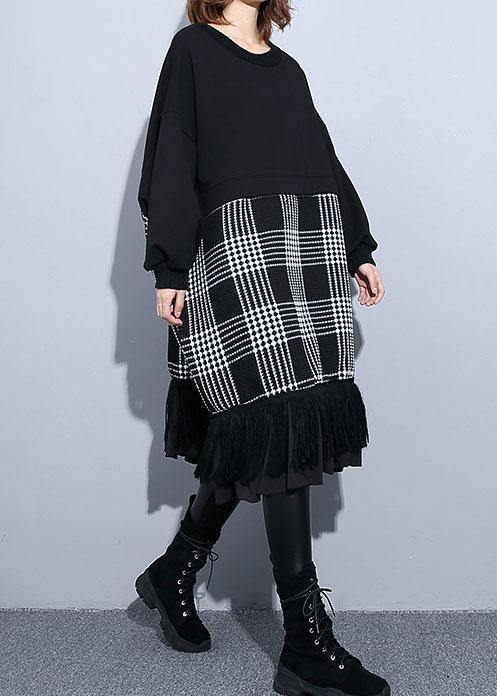 Unique black patchwork Cotton Long Shirts tassel A Line fall Dresses - SooLinen