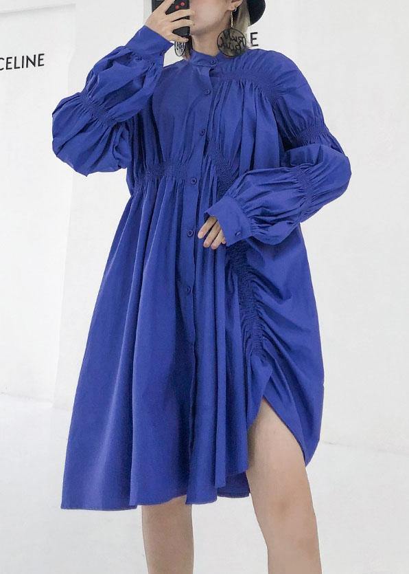 Unique blue Cotton clothes Cinched short fall shirt Dress - SooLinen