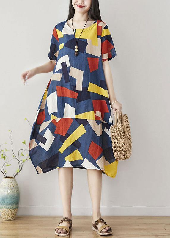 Unique blue asymmetric plaid Cotton dresses short sleeve Art summer Dress - SooLinen