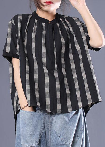Unique cotton box top Plus Size Irregular Plaid Loose Short Sleeve Blouse - SooLinen