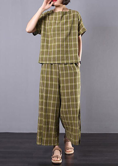 Unique cotton clothes For Women 2019 yellow Plaid Design Split Casual Two Piece Suit - SooLinen