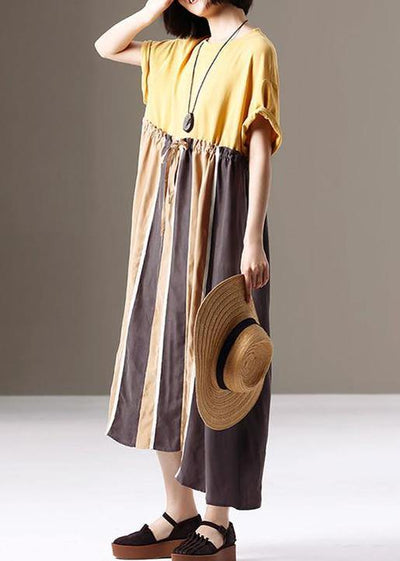 Unique cotton clothes stylish Spliced Striped Round Neck A-Line Dress - SooLinen