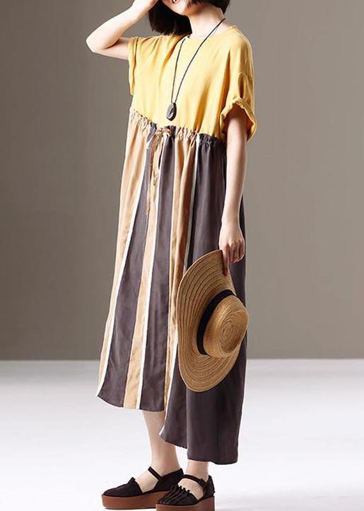 Unique cotton clothes stylish Spliced Striped Round Neck A-Line Dress - SooLinen