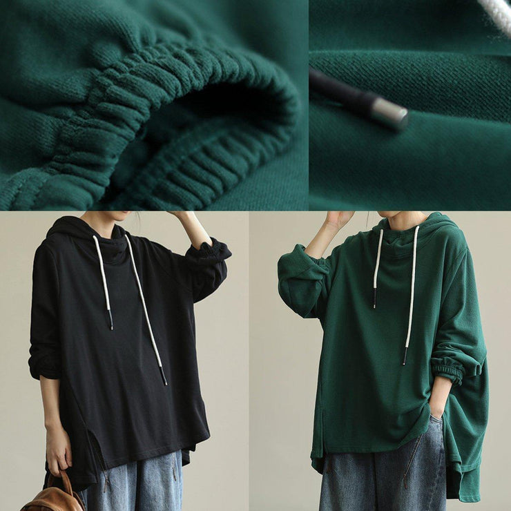 Unique green tunic pattern hooded drawstring Plus Size Clothing blouses - SooLinen