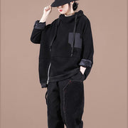 Unique hooded patchwork tunics for women Work Outfits black thick blouses - SooLinen