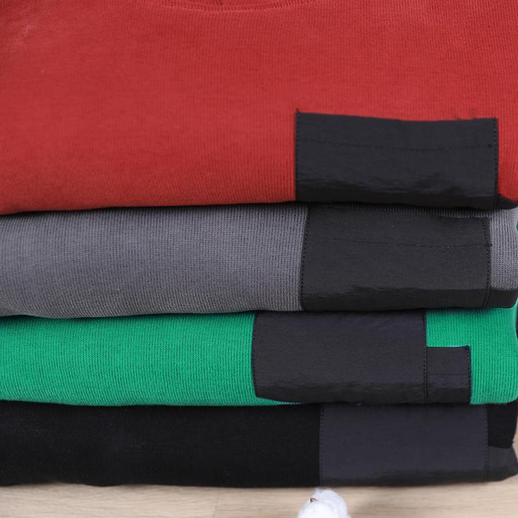 Unique hooded patchwork tunics for women Work Outfits black thick blouses - SooLinen