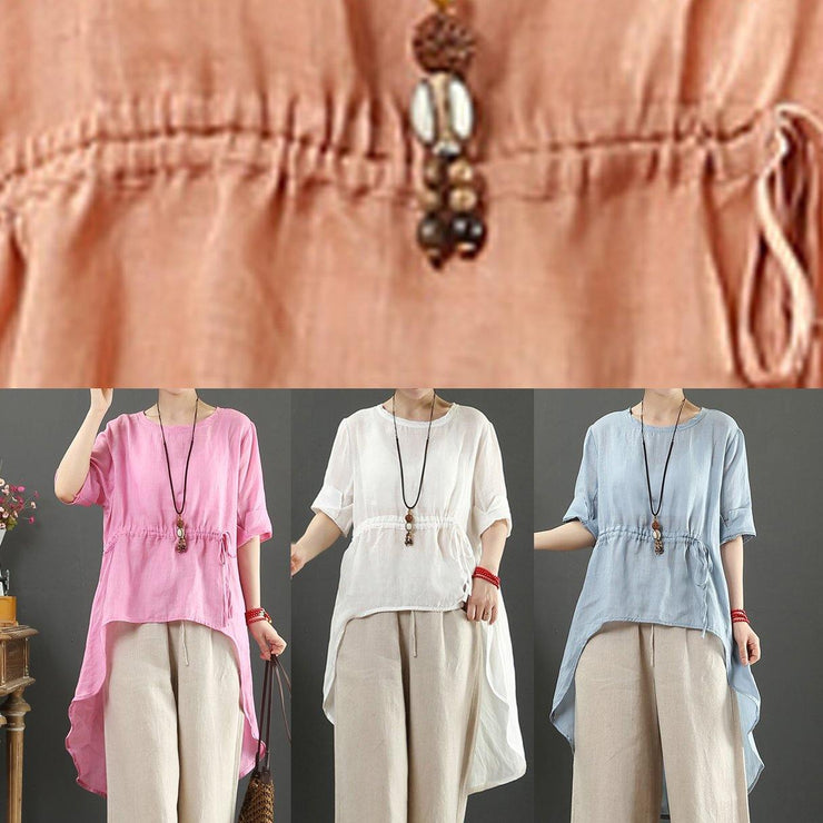 Unique o neck asymmetric linen tops women Wardrobes pink top - SooLinen