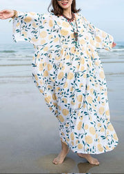Unique o neck exra large hem linen dress pattern white print Dresses summer - SooLinen