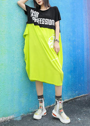 Unique o neck patchwork Cotton dresses Wardrobes black green print Dresses summer - SooLinen