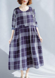 Unique o neck patchwork cotton outfit Catwalk blue plaid Dresses summer - SooLinen