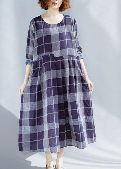 Unique o neck patchwork cotton outfit Catwalk blue plaid Dresses summer - SooLinen