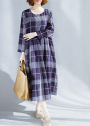 Unique o neck patchwork cotton outfit Catwalk blue plaid Dresses summer - SooLinen