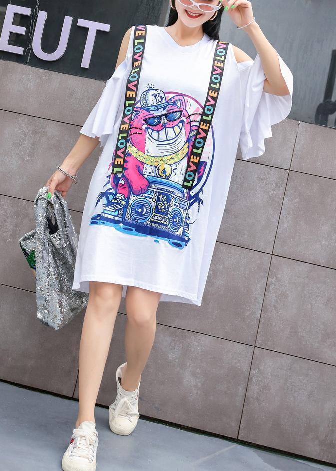 Unique off the shoulder Cotton clothes Women Shape white prints Dress summer - SooLinen