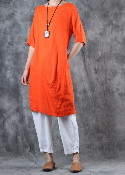 Unique orange linen tops women cotton o neck mid long tops - SooLinen