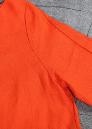 Unique orange linen tops women cotton o neck mid long tops - SooLinen