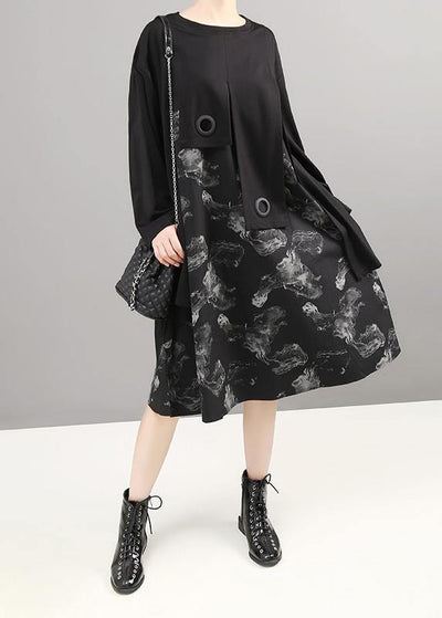 Unique patchwork cotton prints dress Shirts black Dress - SooLinen