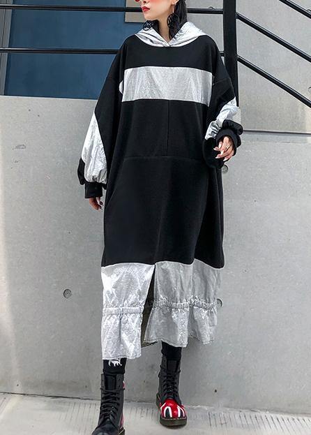 Unique patchwork hooded cotton Tunic Fashion Ideas black Plus Size Dress - SooLinen
