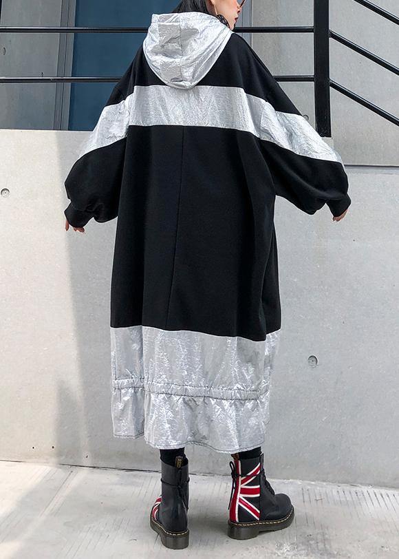 Unique patchwork hooded cotton Tunic Fashion Ideas black Plus Size Dress - SooLinen