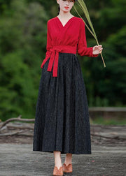 Unique red patchwork striped quilting clothes v neck large hem robes spring Dress - SooLinen