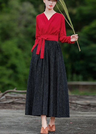 Unique red patchwork striped quilting clothes v neck large hem robes spring Dress - SooLinen