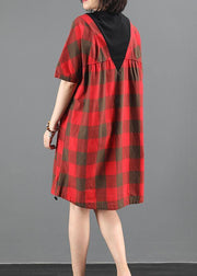 Unique red plaid tunic dresso neck patchwork A Line summer Dresses - SooLinen
