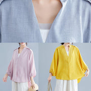 Unique v neck batwing sleeve cotton linen tops women gray Plus Size blouses summer - SooLinen