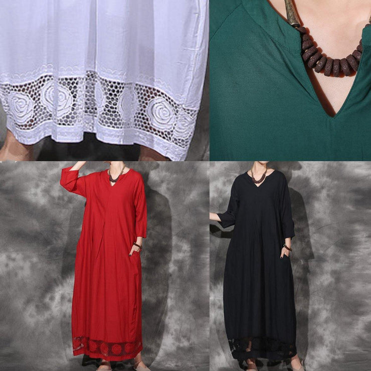 Unique v neck cotton dress Wardrobes black patchwork lace hem Plus Size Dress summer - SooLinen