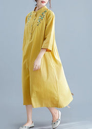 Unique yellow embroidery cotton clothes stand collar pockets Plus Size summer Dress - SooLinen
