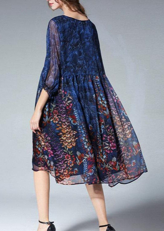 Unique Blue Print Tunic Pattern O Neck Cinched Plus Size Summer Dresses - SooLinen
