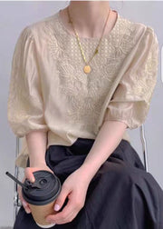 Vintage Apricot O-Neck Embroideried Silk Top Puff Sleeve