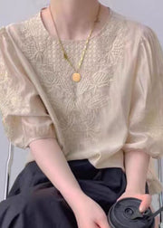 Vintage Apricot O-Neck Embroideried Silk Top Puff Sleeve