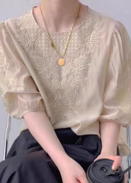 Vintage Apricot O-Neck Embroideried Silk Top Puff Sleeve