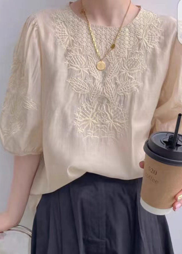 Vintage Apricot O-Neck Embroideried Silk Top Puff Sleeve
