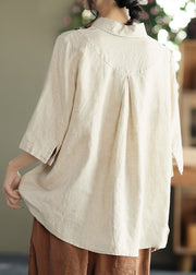 Vintage Apricot Peter Pan Collar Button asymmetrical design Print Linen Shirts Half Sleeve