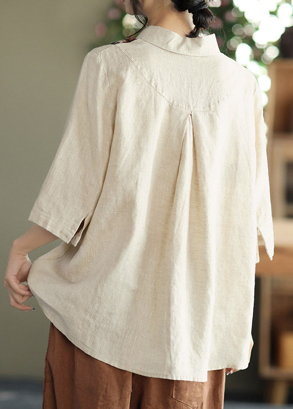 Vintage Apricot Peter Pan Collar Button asymmetrical design Print Linen Shirts Half Sleeve