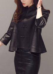 Vintage Black Button Stand Collar Faux Leather Coats Three Quarter Sleeve